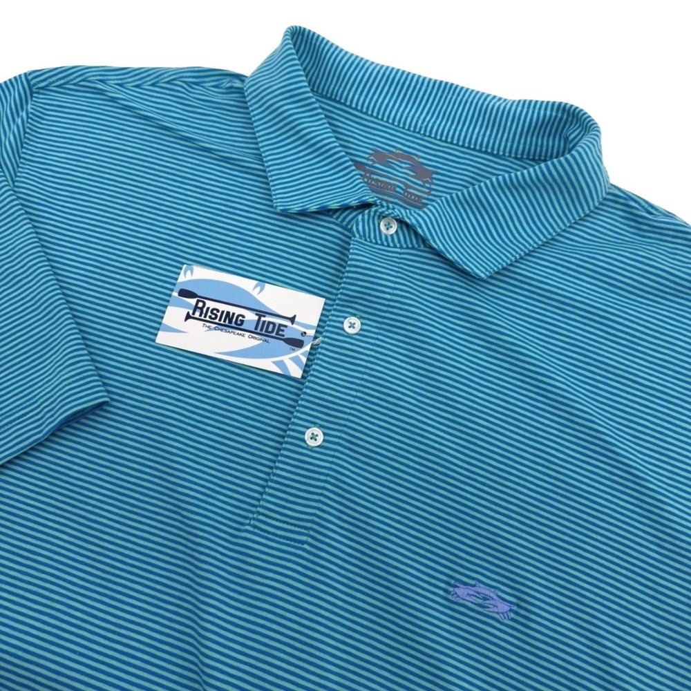 Rising Tide Polo Shirt Mens XXL Blue‎ Green Stripe Cotton Blend Short Sleeve NEW